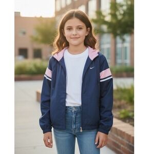 Nike Kids Vintage Y2K Navy Blue Pink Colorblock Windbreaker Jacket Med 8-10 (J)